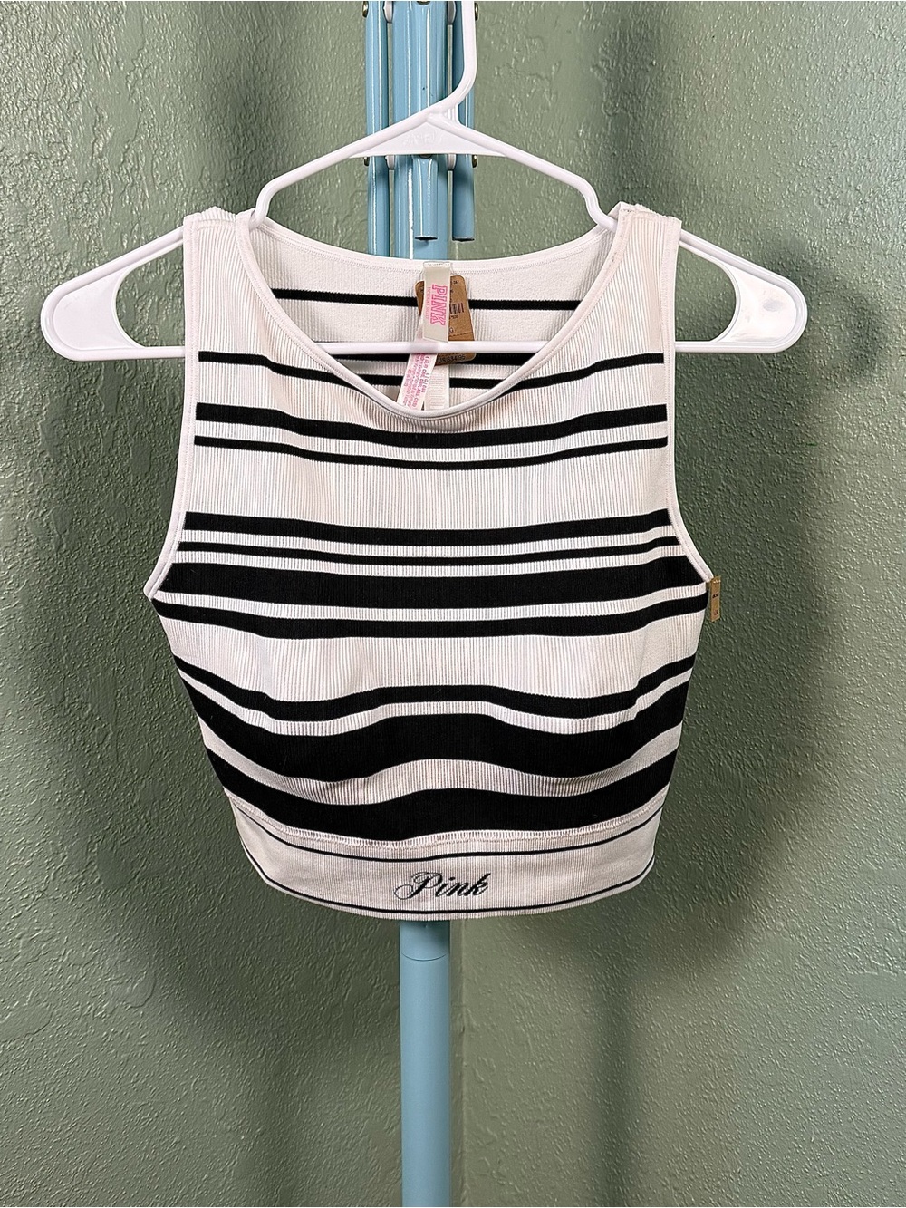 PINK Victoria's Secret Black & White Striped Ribbed Crop Tank
